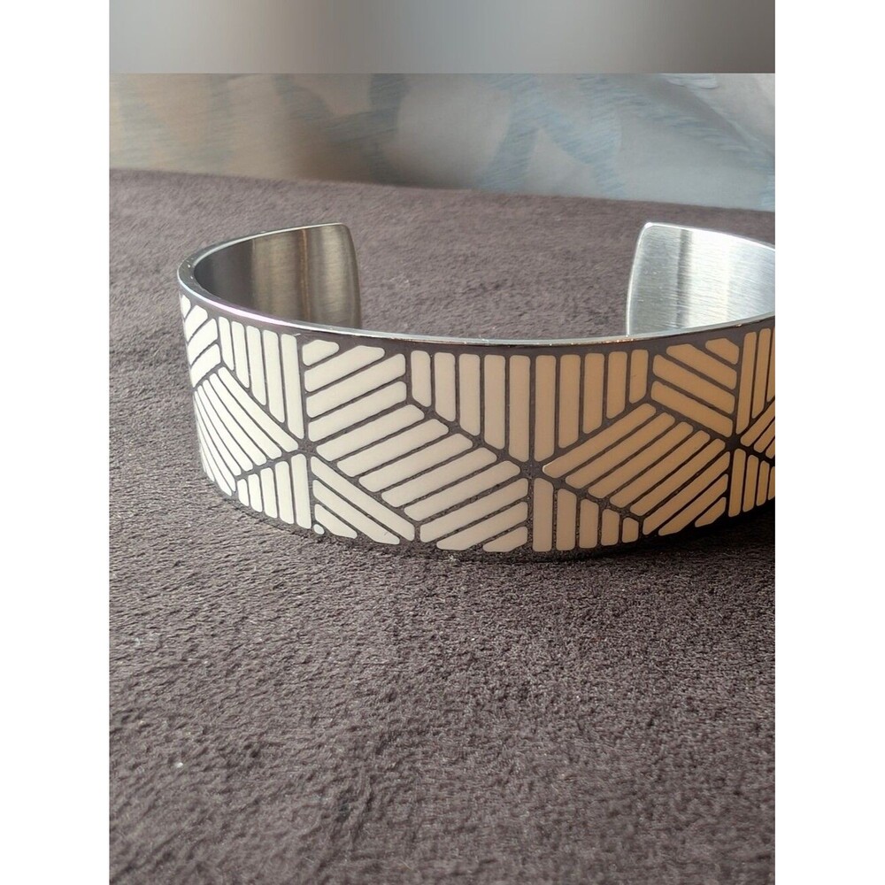 Rustic Cuff "Becca" Silver & White Geometric Enamel Cuff Bracelet